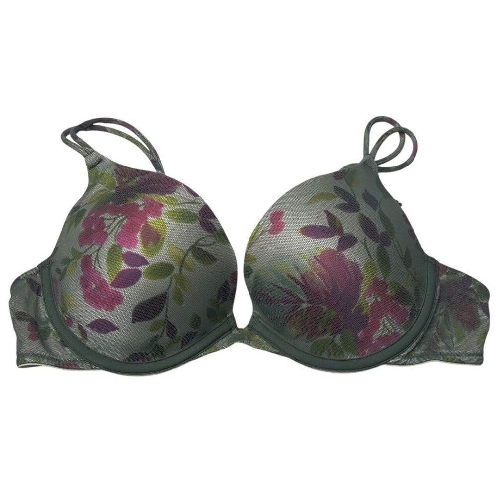Victoria's Secret Green Pink Floral lace overlay Underwire Bra 34C push up